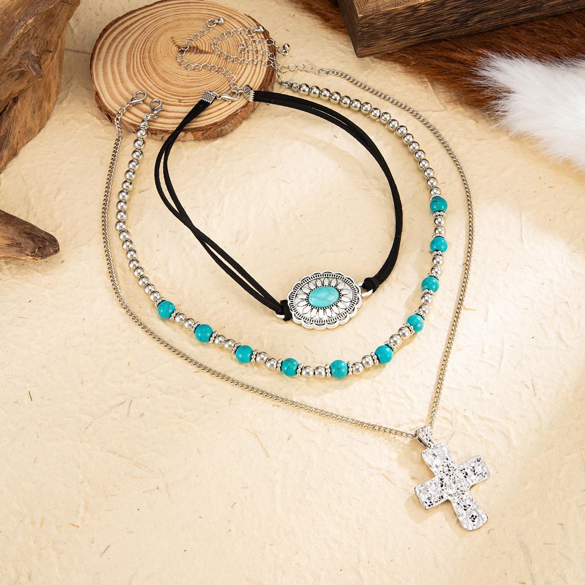 Western Necklaces Boho Turquoise Cross Necklace Set Navajo Pearl Beaded Layered Choker Cowgirl Christian Western Jewelry for Women