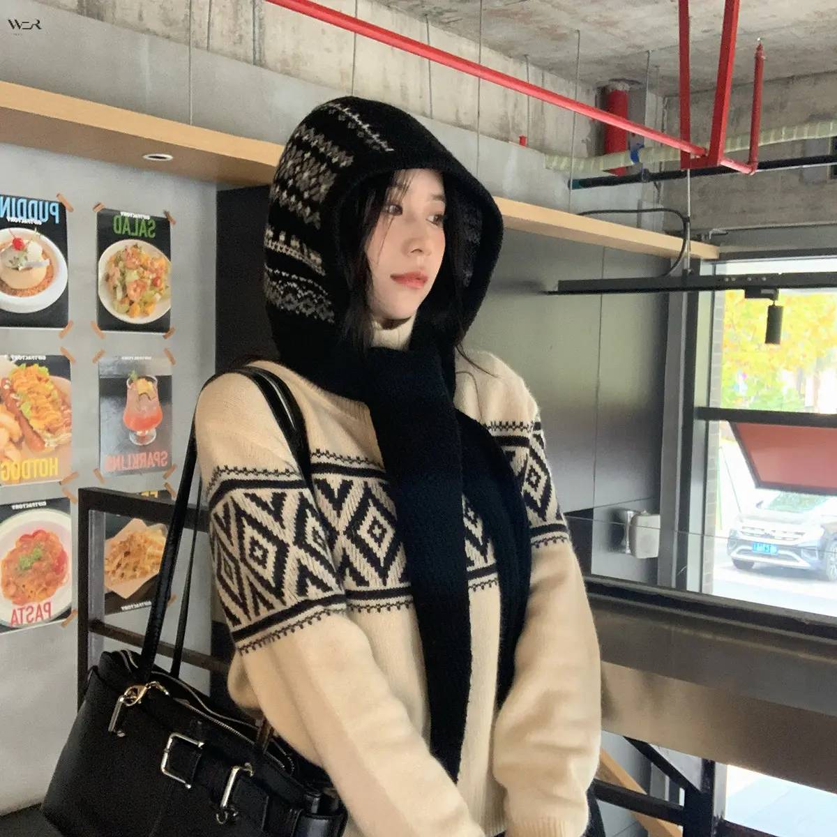Women Vintage Fair Isle Snowflake Knit Hooded Scarf One Piece Integrated Warm Windproof Hat Scarf Combo, 6 Colors Available Winter Cold Weather Outdoor Thermal Neck Wrap