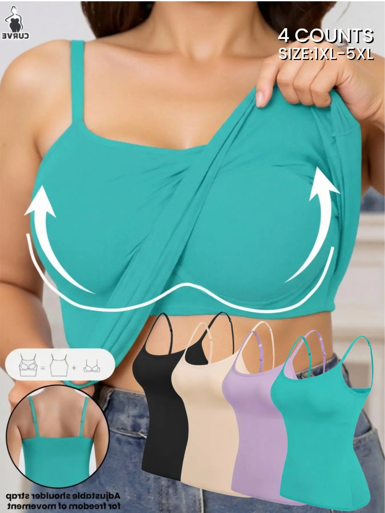PLUS SIZE Womens Padded Cami Tank Tops Double Lined,Adjustable Spaghetti Strap,Casual Sleeveless Cami,Built in Bra Shirts Slim Fitted Basic Undershirts,Soft & Stretchy Fabric for Daily Wear,comfort for ALL Day,Fit for All season