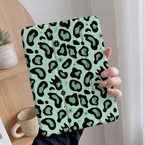Mint leopard-print protective case featuring an adjustable stand and stylus holder; a foldable, non-slip TPU cover compatible with various iPad models, including Samsung, iPad mini, iPad Air, iPad Pro, and iPad (10th/11th Gen).