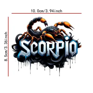 2D flat stickers, made of PVC material, printed with a striking scorpion pattern and the word "Scorpio, " suitable for cars, laptops, and walls-self-adhesive, single-use, and perfectly adheres to glass and metal surfaces. 2D graphic design
