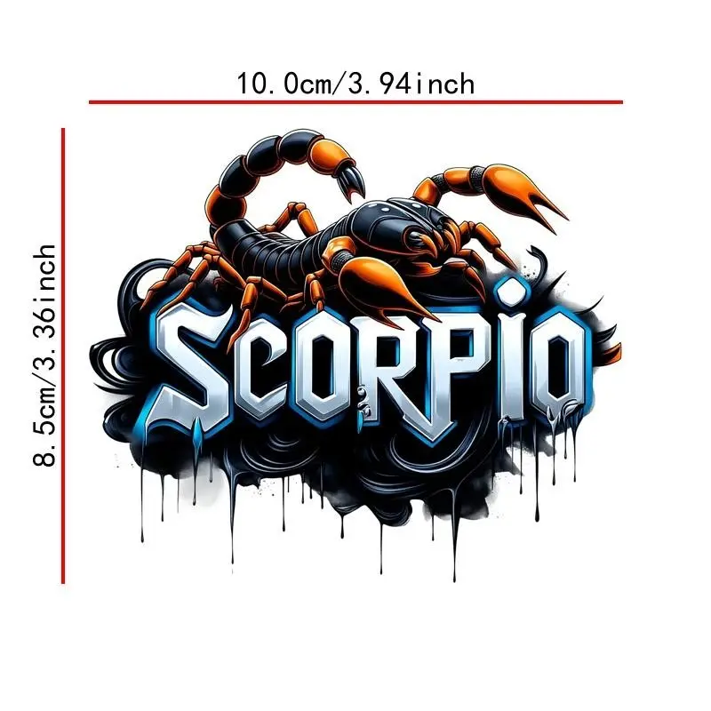 2D flat stickers, made of PVC material, printed with a striking scorpion pattern and the word "Scorpio, " suitable for cars, laptops, and walls-self-adhesive, single-use, and perfectly adheres to glass and metal surfaces. 2D graphic design, Car Decals