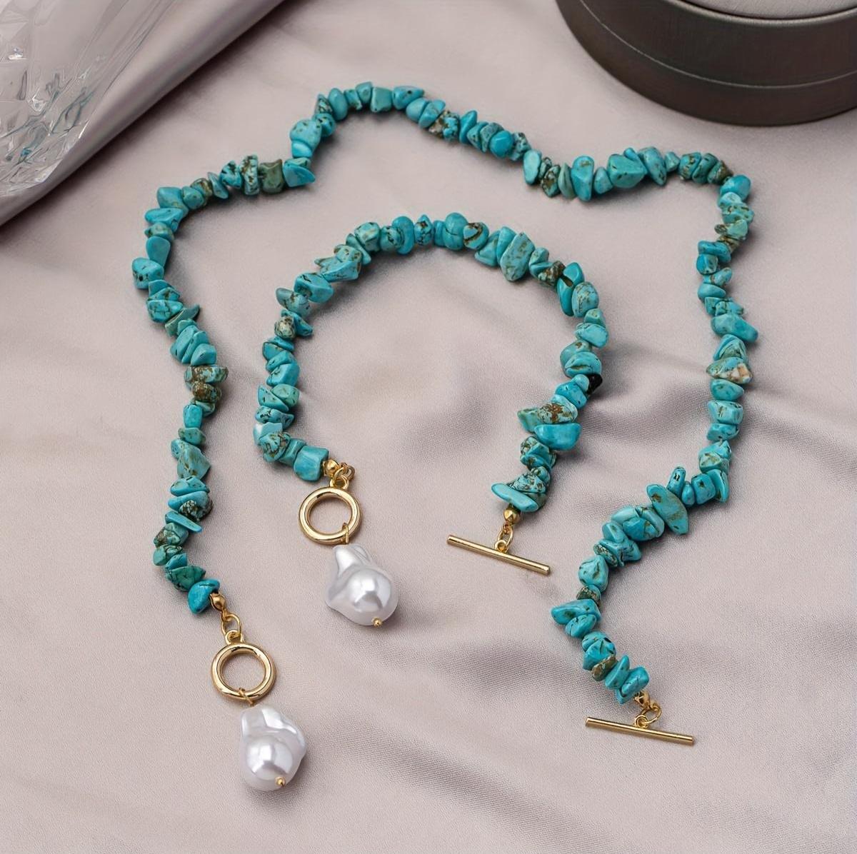 Boho Turquoise Handmade Necklace & Bracelet Set, Retro Turquoise Chips & Baroque Pearl Jewelry, Simple Alloy Fashion Accessory for Daily Wear, Elegant Artificial Pearl Pendant Necklace & Bracelet Set for Women