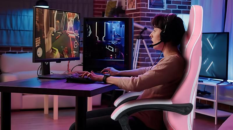 Ergonomic Video Gamer Chairs,Computer Gaming Chairs with Massage Lumbar Support and footrest,Racing Style Computer Chair Adjustable Headrest for Adults,Pink White