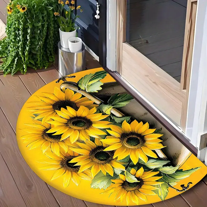 1Pc Vivid Sunflower Bath Pattern Doormat - Easy to clean, semi-circular design, suitable for indoor/outdoor use, ideal for entrances, kitchens, bathrooms, balconies and outdoor spaces, outdoor door mats | Vivid Sunflower Design | Easy to clean mats
