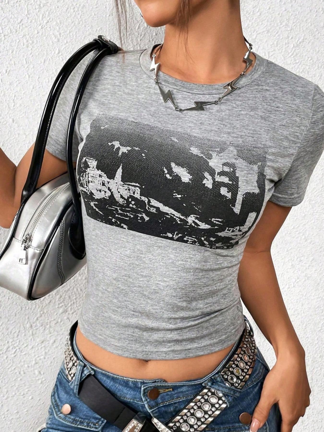 Women's Building Graphic Round Neck Crop Tee, Fashion Casual Crew Neck Short Sleeve T-shirt for Daily Everyday Outdoor Wear, Ladies Clothes Womenswear for All Seasons