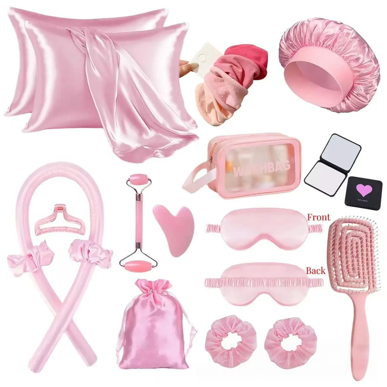 20-Piece Nighttime Hair Care and Beauty Set, Includes Heatless Hair Curler, Facial Massage Roller, Gua Sha Tool, Pillowcases, Hairbrush, Bonnet, Sleep Mask, Scrunchies, and Mirror, Gift Set with Minimalist Packaging