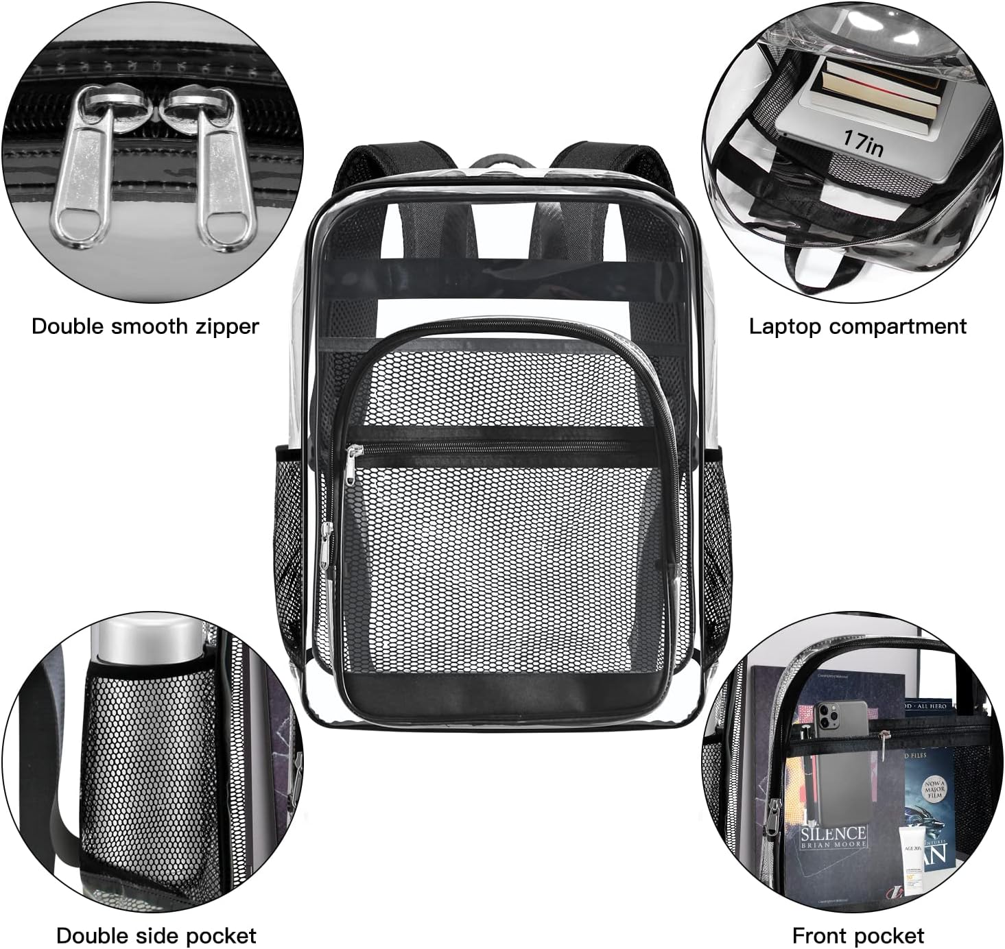 Clear Backpack, Clear Bookbag for School,  PVC Plastic Material, Reinforced  Straps Heavy Duty Transparent Backpack, See-Through Schoolbag for ,Stadiums,Work, Travel, College
