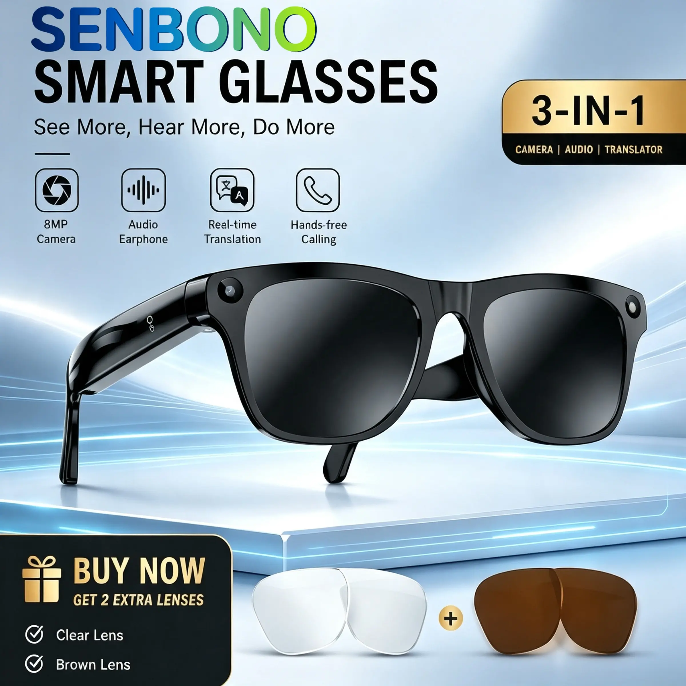 SENBONO AI smart glasses, 800W high-definition camera, language translation, wireless call music, high-definition photos, Vlog recording, support for chat, open audio, suitable for driving, outdoor, office, learning, ideal gift for women