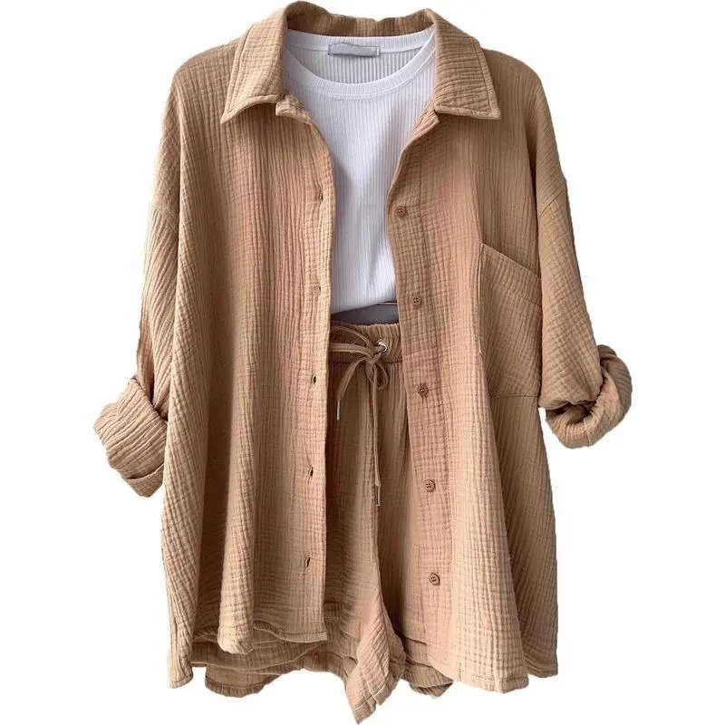New summer set two-piece Champrey Lapel long sleeved shirt high waisted drawstring shorts fashionable casual women's Maria three piece set bachelor emoji two-piece set tired of London set sportswear set(Sheets)