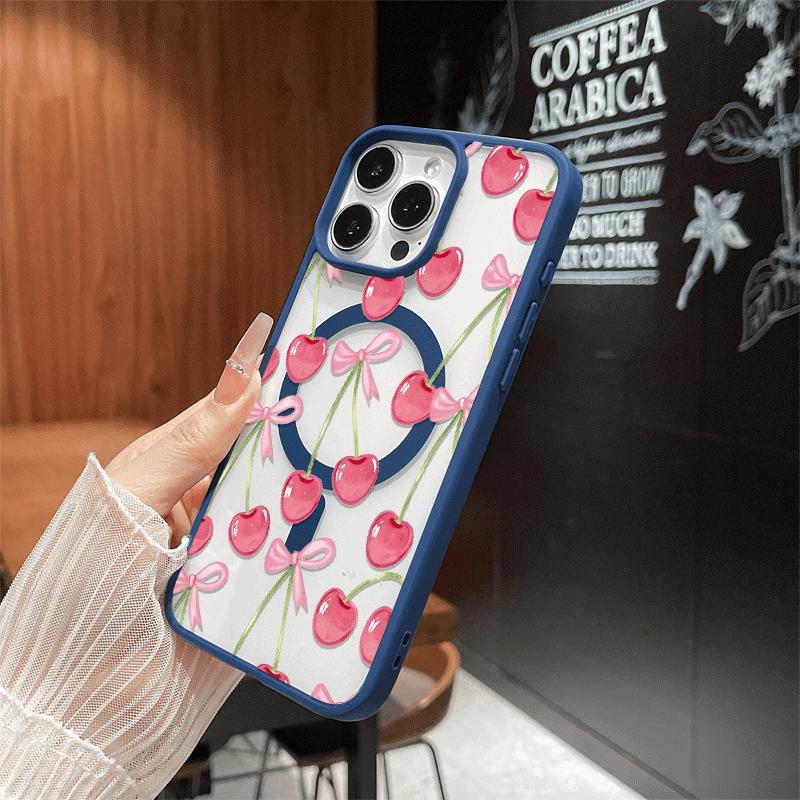 Aesthetic Magnetic Compatible Case for iPhone 17 Pro Max / 16 / 15 Pro Max / 15 / 14 / 13 / 12 / 11 / XS / XR – Cute Cherry Pattern Print | Shockproof Silicone Lightweight Scratch-Resistant Protection