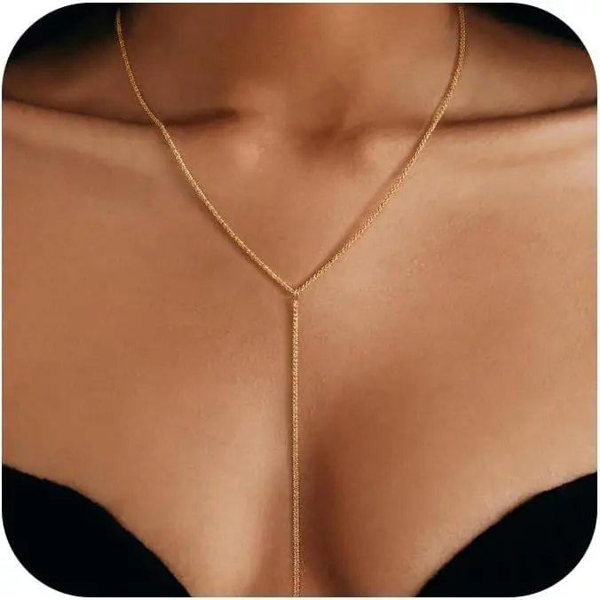 and  Plated Layered Long Necklace for Women, Statement Y  Chain, Sexy Dangle Drop Beach Boho Bolo Cleavage Necklace for  or Prom