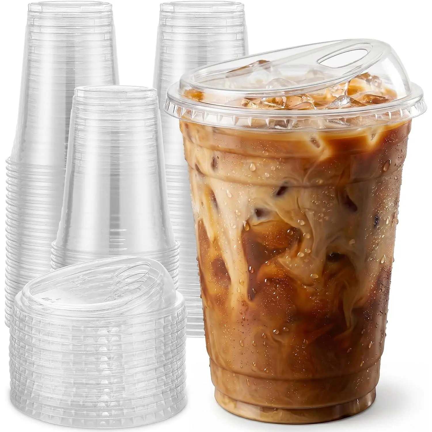 25 Pack - 16 oz Clear Plastic Cups with Strawless Sip  – Sturdy &  Safe Disposable Iced Coffee Cups,  Smoothie Cups for Cold Drinks - 25 Pack