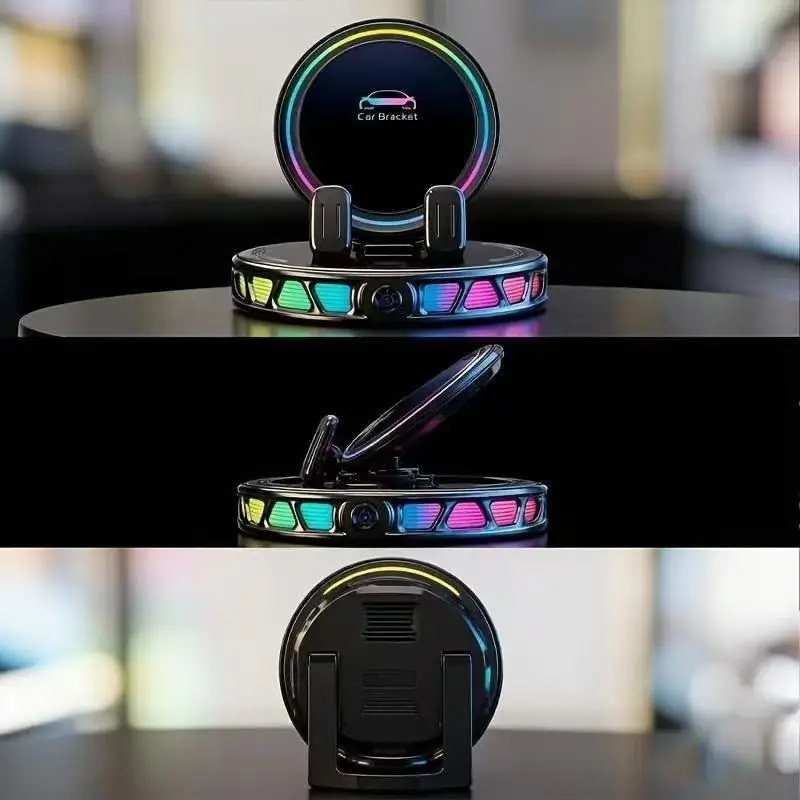 360 Degree Rotating Wireless Car Charger, RGB Ambient Light, Strong Suction Vacuum Adhesive, Auto Lock Bracket, Fits Most Phones, Dashboard, Windshield