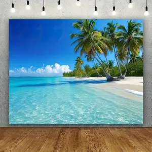 Ocean Beach Paradise Backdrop Tropical Coastal Style Tapestry Wall Hanging, Beach Photography Background, Premium Polyester Decorative Banner for Living Room Decor, Vacation Theme Party, Photo Studio, Event Venue, Indoor Outdoor Display