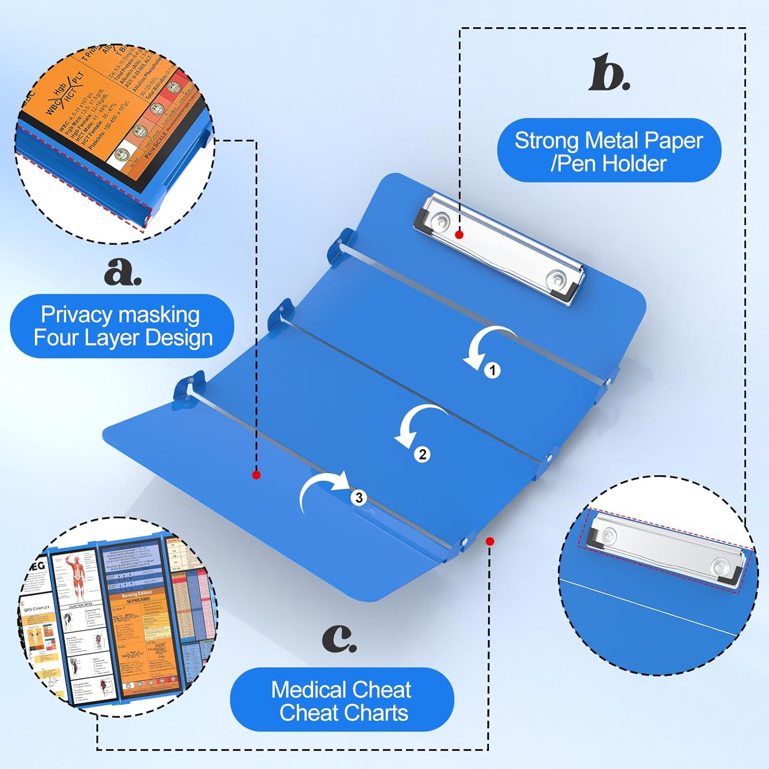 Clipboard Foldable-4 Layers  Nurse Foldable Clipboard   Edition Cheat Sheets,  Pocket Size Pen Clip Pocket Clipboard for  Students School and Doctors- Blue