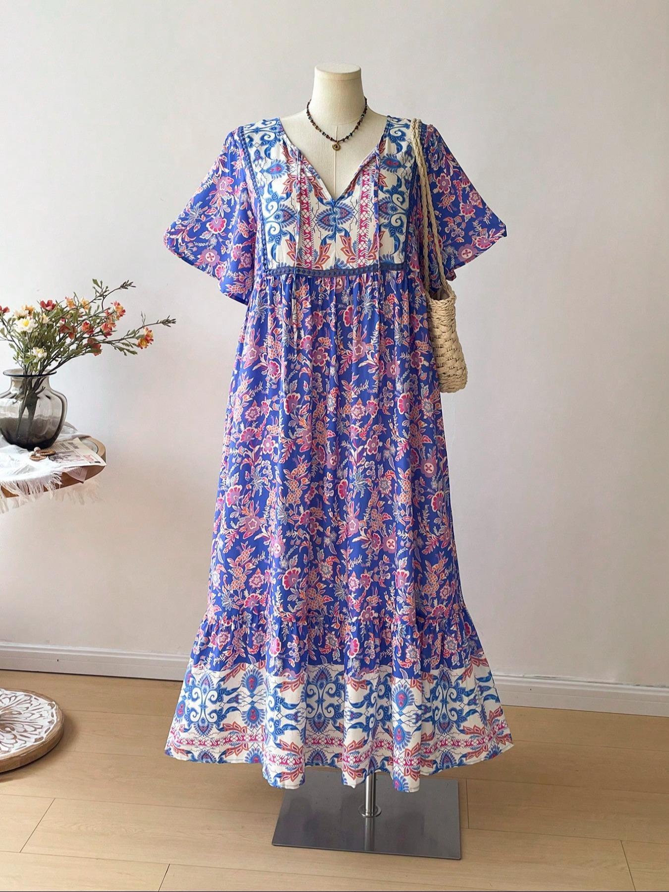 Plus Size Patchwork Floral Print Tie Neck Contrast Lace Ruffle Hem Long Dress, Boho Butterfly Sleeve Smock Dress, Ladies Summer Clothes for Vacation Plus Size Patchwork Floral Print Tie Neck Contrast Lace Ruffle Hem Long Dress, Boho Butterfly Sleeve Smock Dress, Ladies Summer Clothes for Vacation