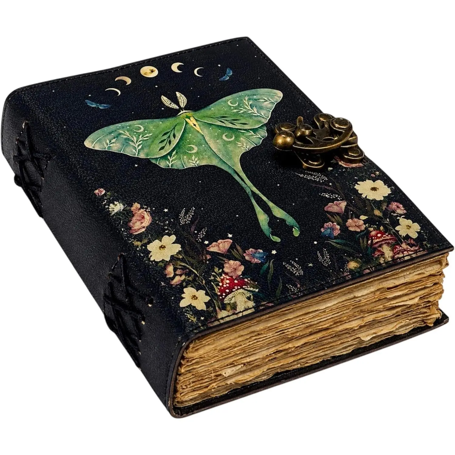 Spell Book of Shadows Journal with Lock Clasp   Leather Luna  and Morpho Butterfly Print Diary Prayer Pagan  Supplies  Decor Notebook Daily (7X5 inch)