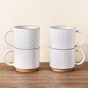 12OZ Stackable Coffee Mugs, Ceramic Coffee Mugs with Texture Patterns for Man,Woman,Dad,Mom, Modern Coffee Mugs Set of 4 for Latte/Cappuccino/Cocoa.Dishwasher&Microwave Safe, Off White