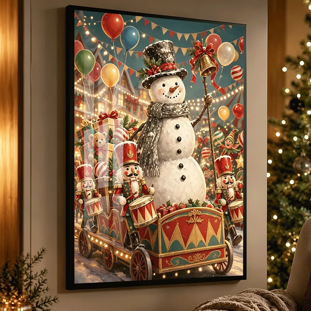 1pc Aluminum Alloy Frame Canvas, christmas snowman and nutcracker parade, Modern Decoration, Luxury Art Suitable For Living Room, Bedroom, And Corridor Wall Decor, Halloween And Christmas Gift.
