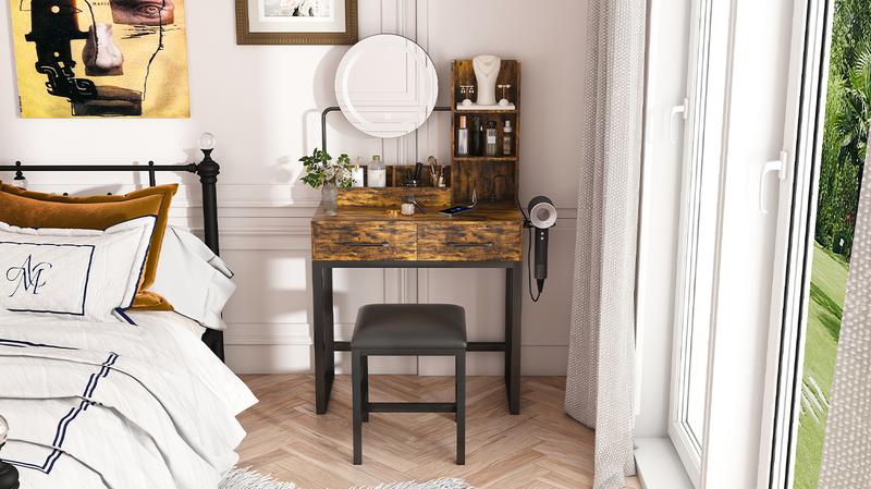 Makeup Vanity with LED Lights&3 Color and Power Outlet Makeup Vanity Table with 2 big Drawers with Sturdy Metal Leg and Metal Chair ,Dressing Table for Bedroom Dressing Room (brown)    RR