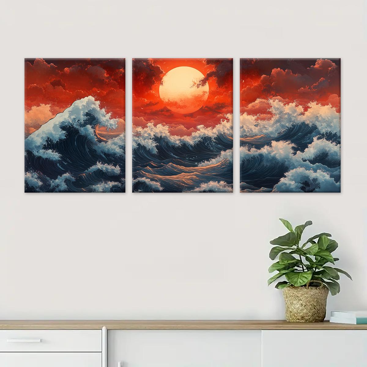 Wooden Framed Canvas Painting, Photo on Canvas, 3 Counts/set Ocean Wave Landscape Decoration, Natural Landscape Art, Perfect Living Room Decoration, Modern Art, Sunrise Print Pattern, Vibrant Print, Poster