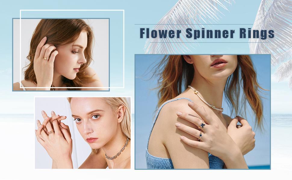 Trendy 9 Pcs Fidget Anxiety Rings for Women Men Spinner Rings for Anxiety Relieving Stress Open CZ Flower Moon Star Anti Rotatable Rings Adjustable