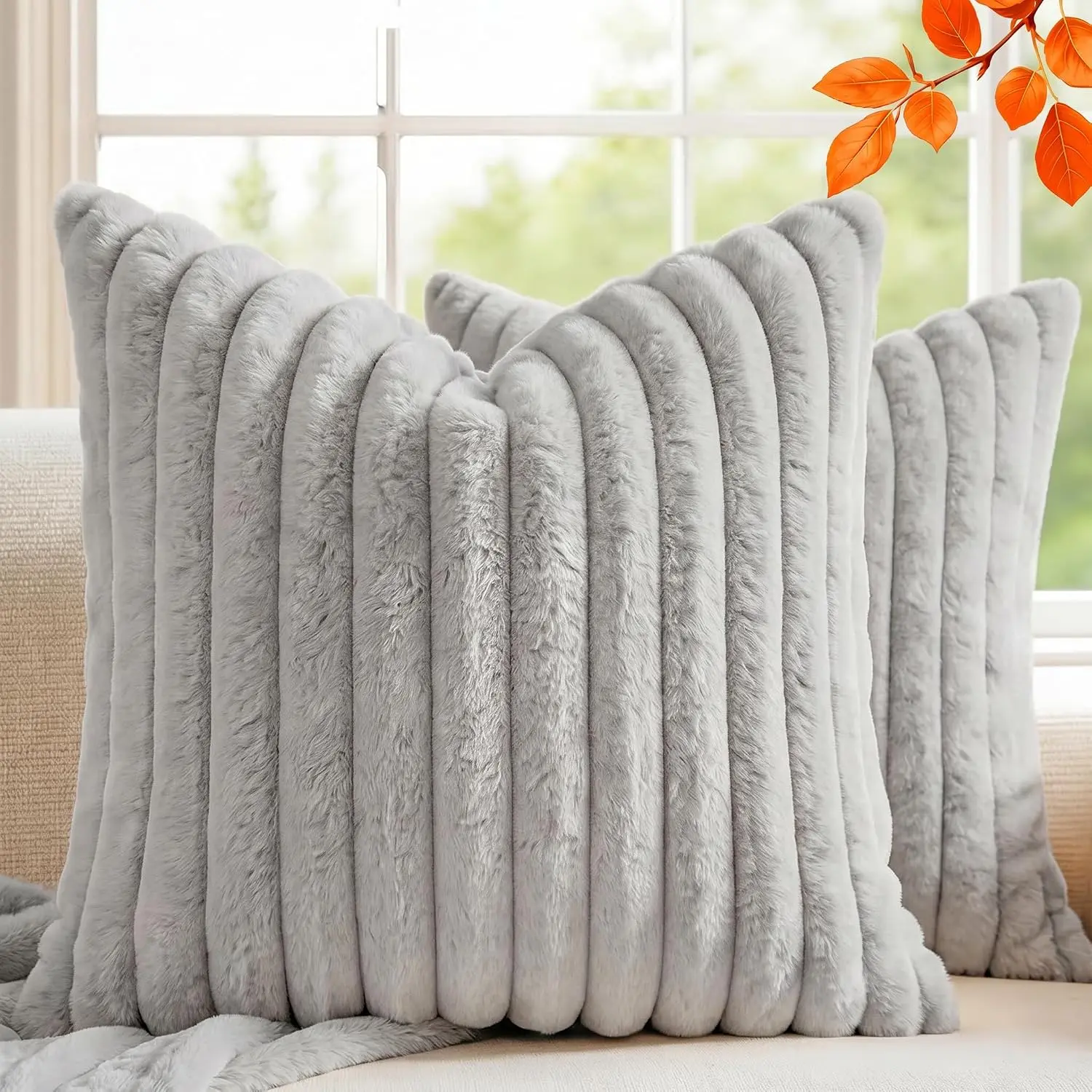 2-Pack 20x20 in Square Size Throw Pillow Covers, Plush Faux Fur Front with Soft Velvet Back, Solid Striped Decorative Cushion Cases for Living Room Couch Bed, Neutral Gray Modern Farmhouse Indoor Recreation Home Decor, Plush Fur