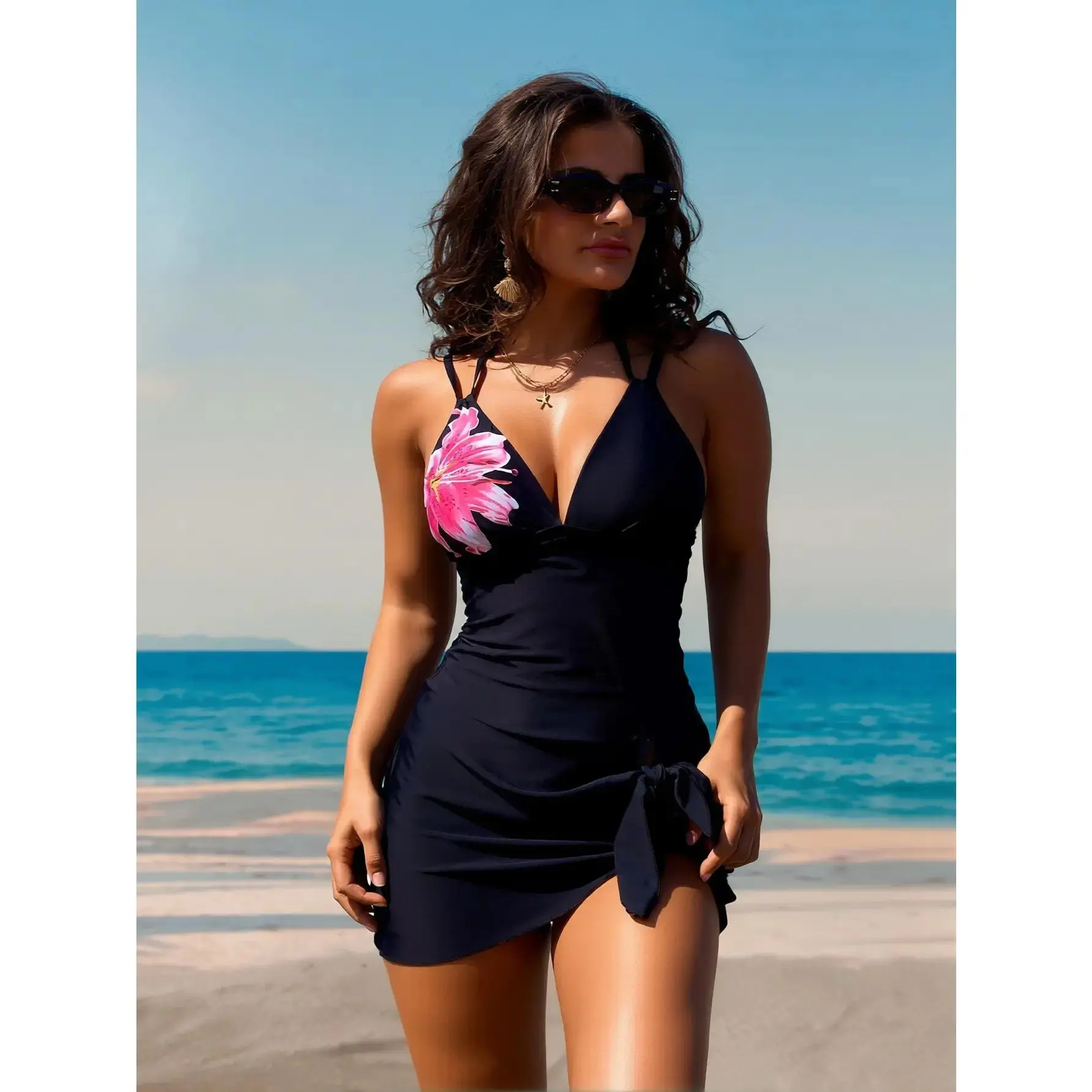 Women's 2026 Summer Black Floral Print Elastane Swimdress - Deep V-Neck Halter 1-Piece Swimsuit with Side Tie Skirts, Breathable, Quick Dry, Slimming, Machine Washable, Ideal for Beach, Pool Vacations