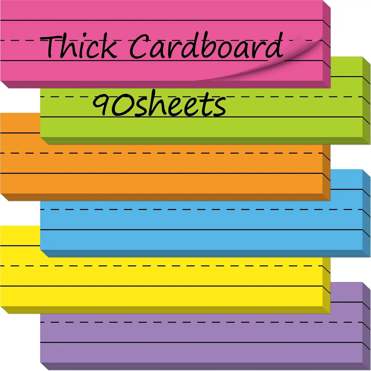 90 Pack Sentence Strips, Ruled Rainbow Sentence Strip Lined Paper for Handwriting Practice Learning Tool Classroom School, Office Supplies (6  Colors, 12” x 3”)