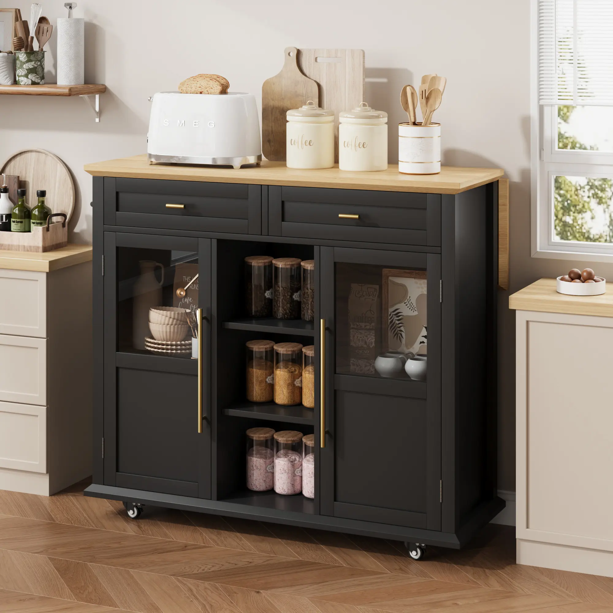🍳 Space-Saving Kitchen Island Cart with Foldable Table – 2-Tier Rolling Storage Cart with Wheels & Towel Rack for Small Apartments, RVs & Kitchens! 🏠✨
