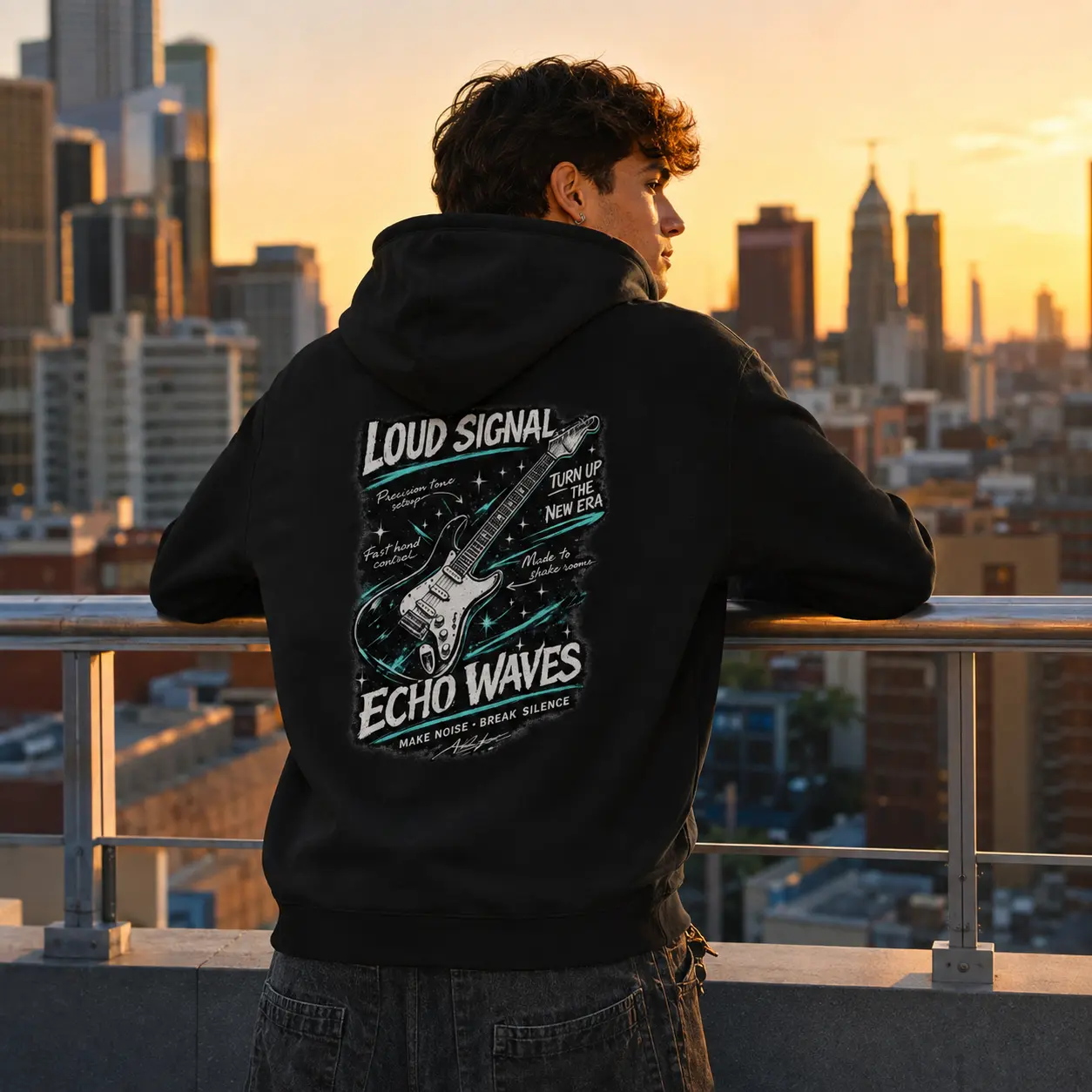 Men’s Rock-Inspired Loud Signal Echo Waves Guitar Graphic Hoodie - White Regular Fit Pullover Sweatshirt with Adjustable Hood, Medium Length, All Seasons, Machine Wash Back Print