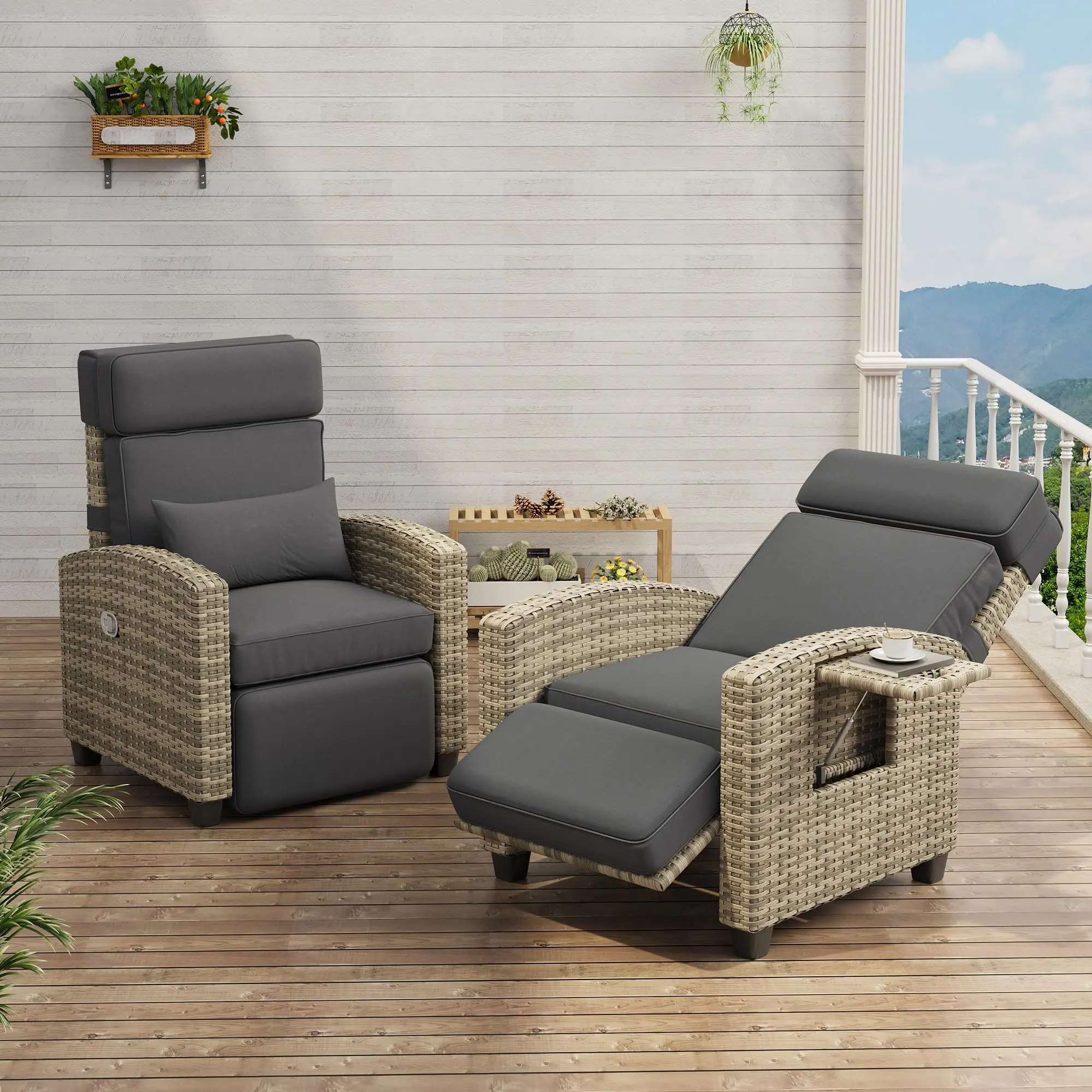 150° Adjustable Outdoor Wicker Patio Recliner Chair with Footrest - Turn Over-Up Side Table - Removable Thick Cushion - Includes Air Pump, Grey