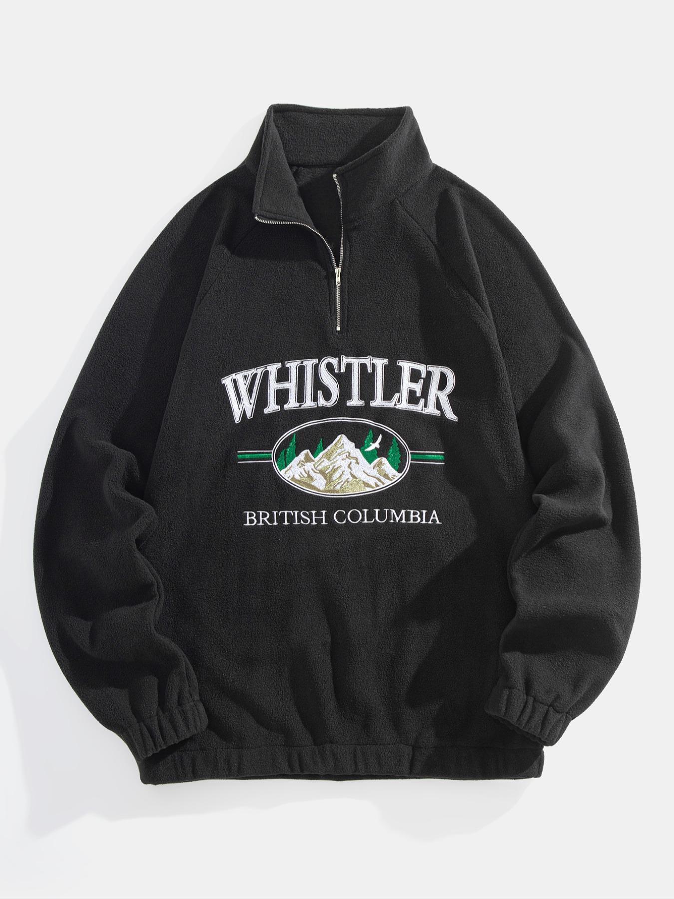 Men's Landscape & Letter Print Zip Front Fleece Sweatshirt, Loose Casual Raglan Sleeve Stand Collar Pullover for Fall & Winter, Men's Clothes for Daily Wear, Winter Fashion Clothing