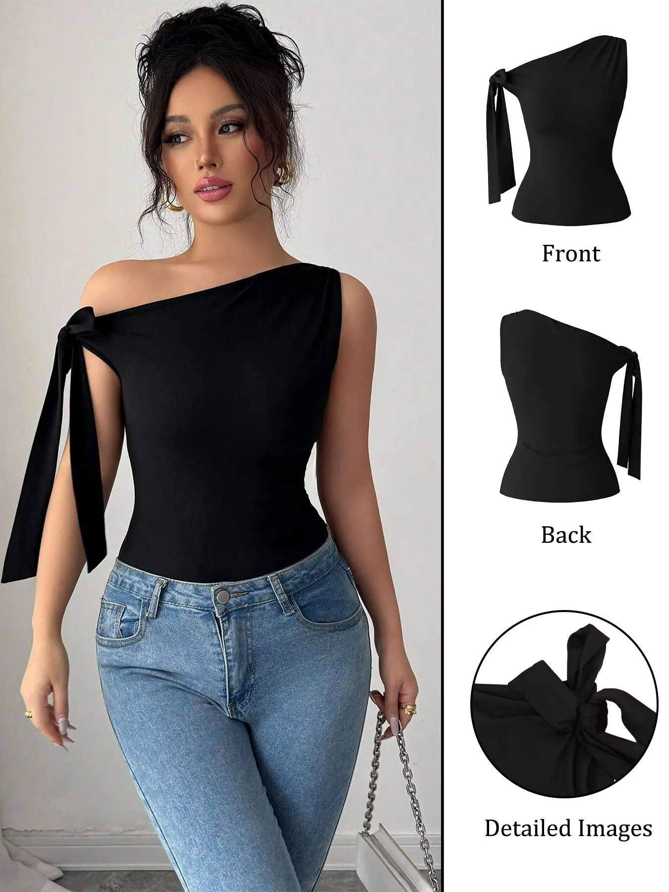 Single-Sided Ribbon Tie Shoulder Crop Top Fit, Asymmetrical One-Shoulder Backless Vest, High Stretch Smooth Skin Knit Fabric, Adjustable Long Ribbons