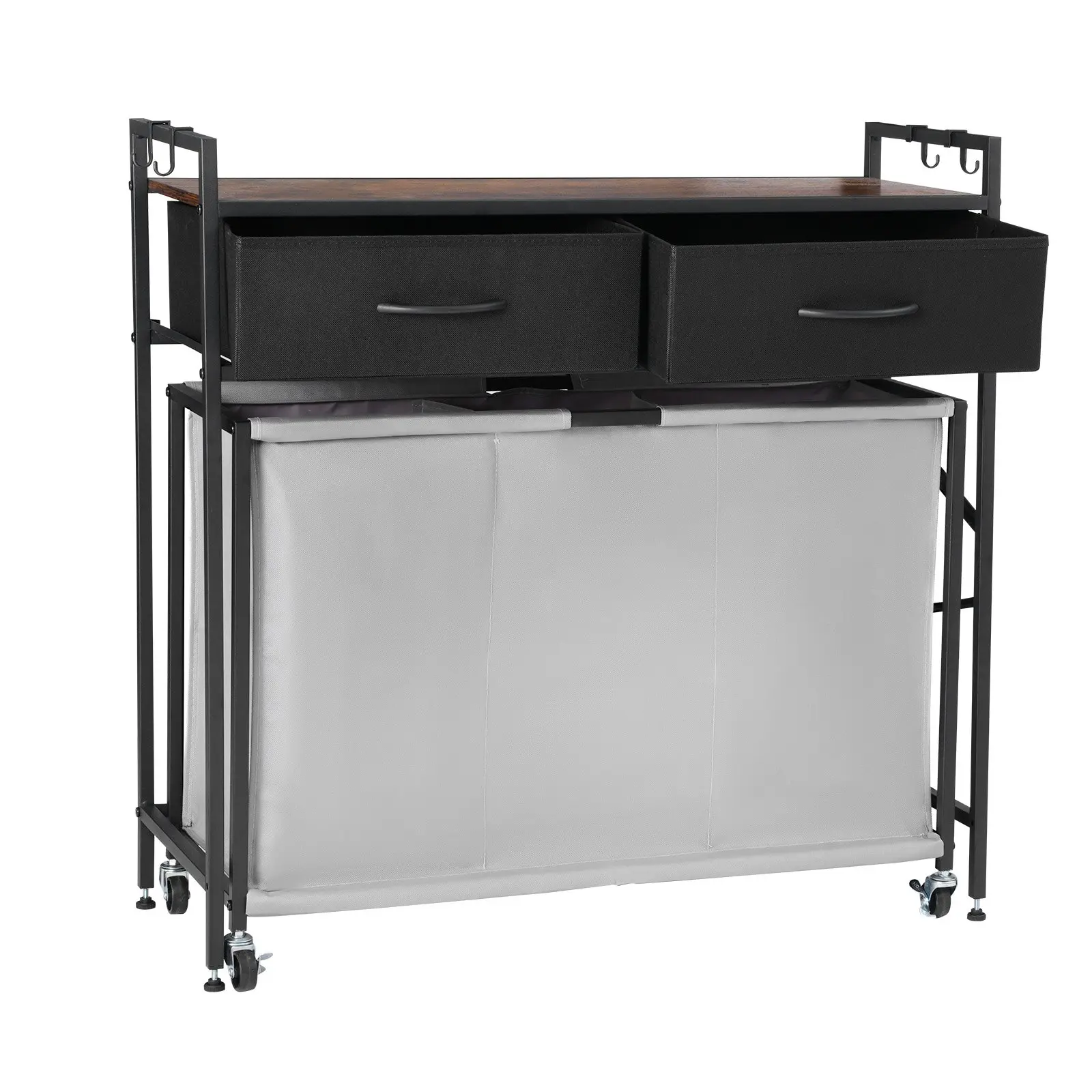 VEVOR XYL04 Carbon Steel Rolling Laundry Sorter - 3 Sections, 2 Drawers, Lockable Wheels, Pull-Out Bags, Wooden Tabletop, Hooks, Easy-to-Clean Hamper for Bedroom, Laundry Room, Bathroom, Uneven Floors