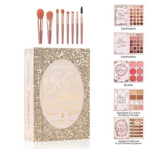 Multifunctional makeup palette with gilded casing paired with macaron makeup brushes, an all-in-one storage for all categories of eyeshadow, contour, blush and lip makeup