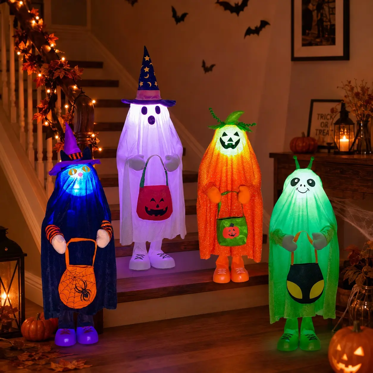 Halloween Standing Decoration, LED Lighted Ghost Face, Battery Operated, 4 Styles, Perfect for Courtyard, Porch, Living Room, Fireplace