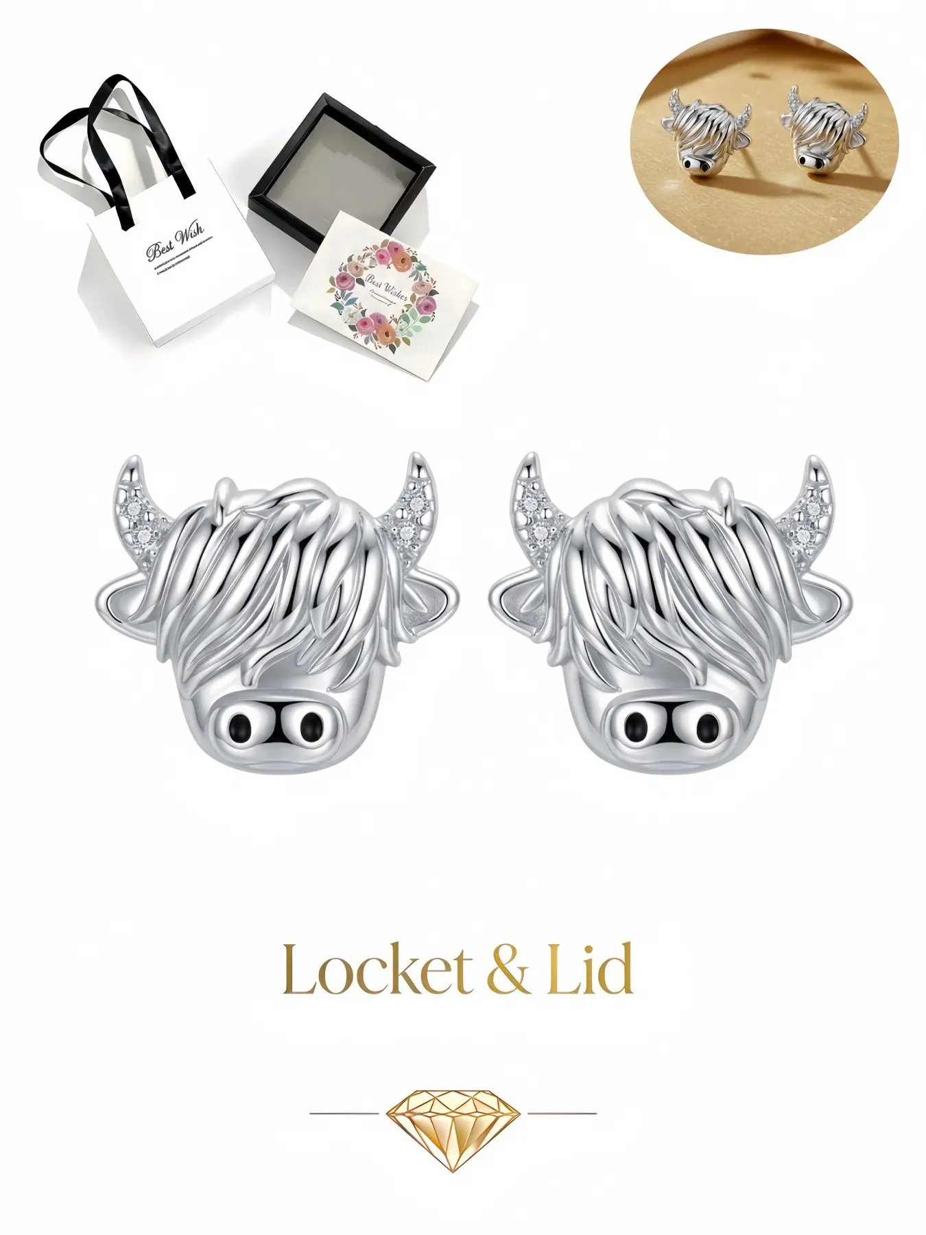 Highland Cow Diamond Horn Stud Earrings Original S925 silver cow earrings for women, drawer gift box. Gifts for Birthday, Mother’s Day, Valentine’s Day, Christmas & Anniversary Stud Earring Jewelry High Quality Earrings
