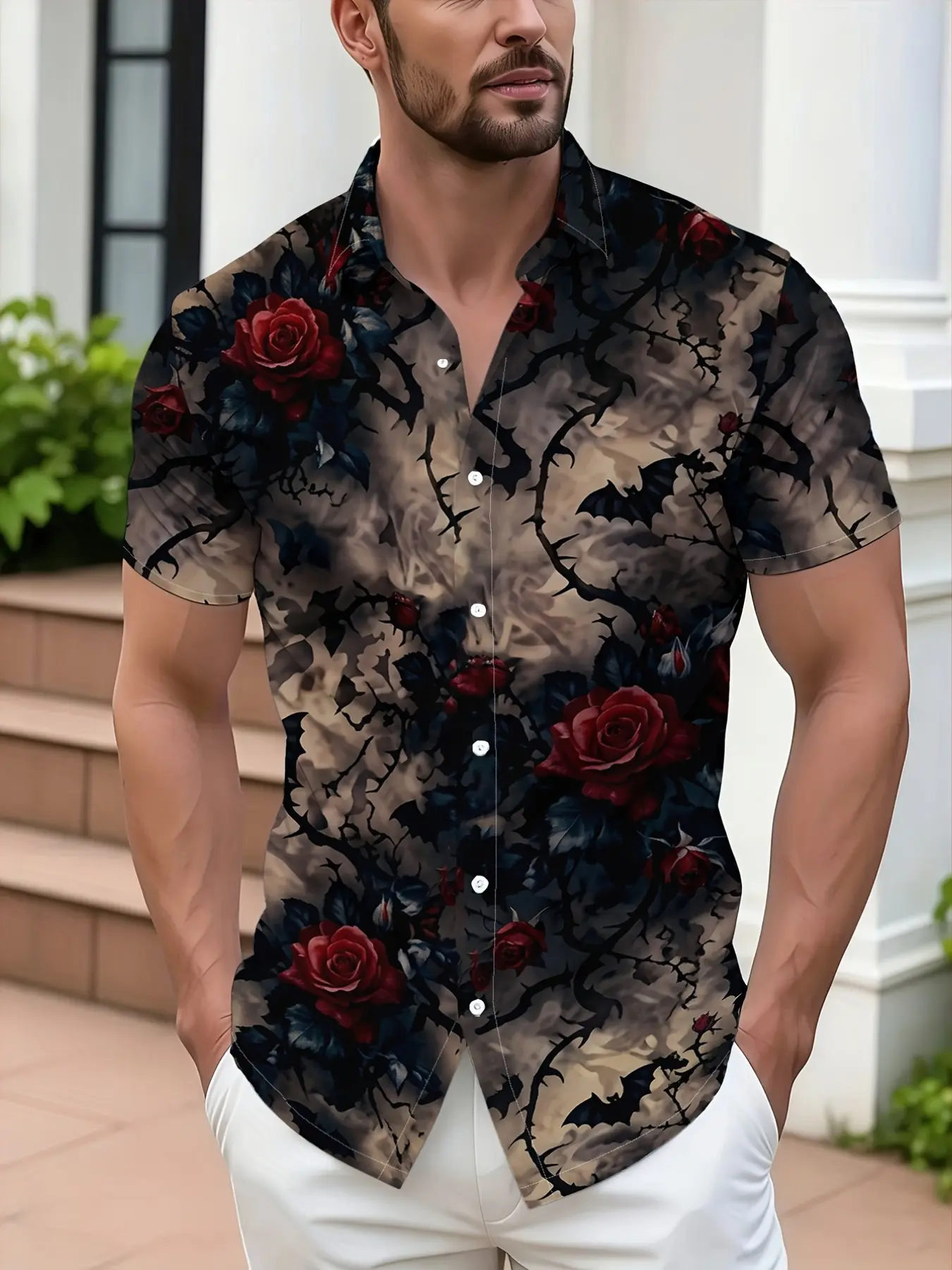 Men's Fashion Rose Print Short Sleeve Shirt, Vintage Hawaiian Style Top, Summer Casual Blouse, All Seasons Fitted Casual Wear