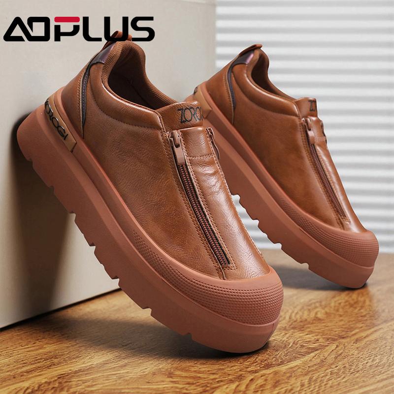 AOPLUS Men's Slip-On Sneakers – Stylish Black Zipper Shoes with Platform Sole