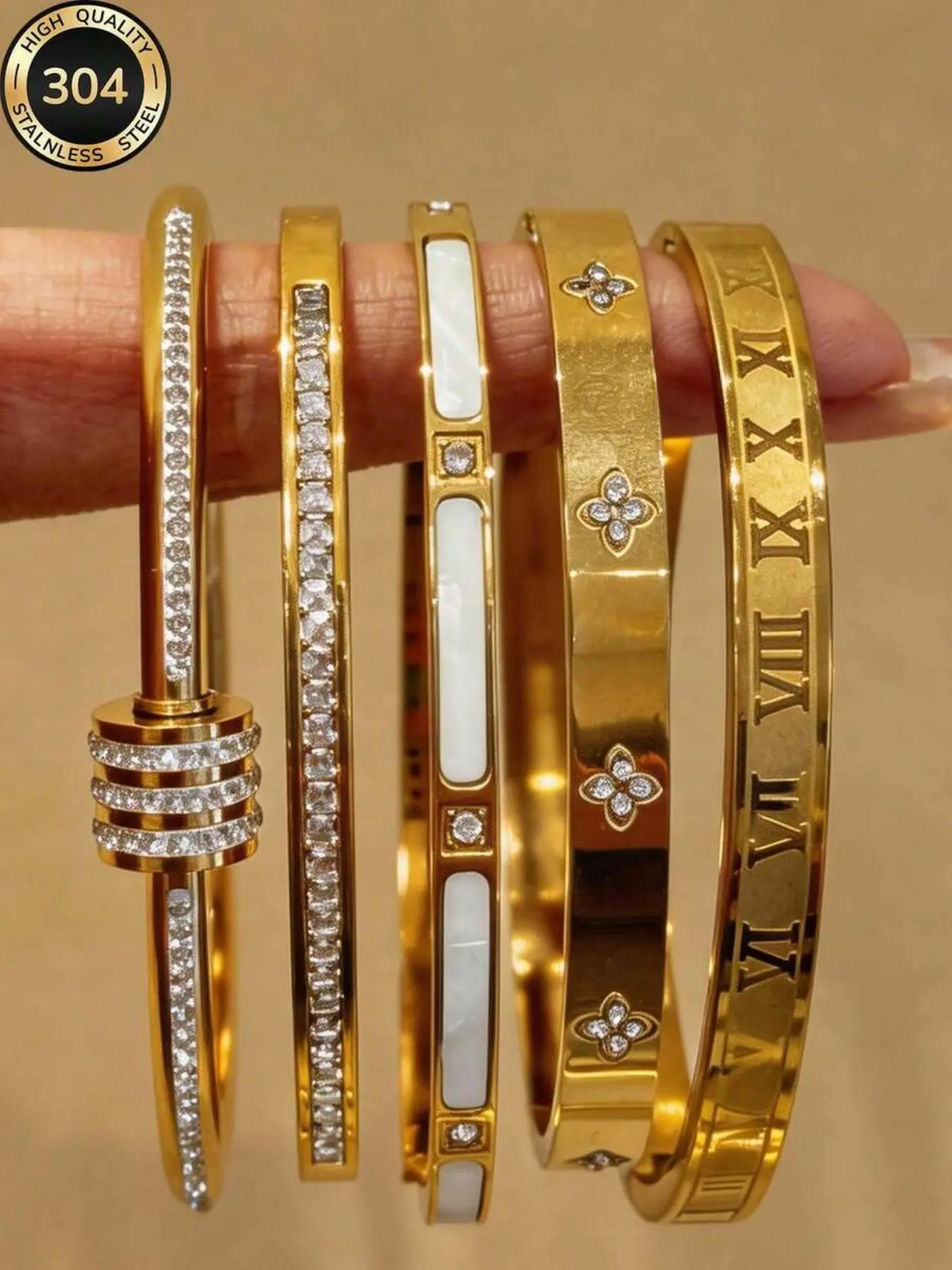5 Pcs Elegant Stainless Steel Bracelets, Multi-Color Shiny Clover Design, Fashionable Unisex Jewelry, Ideal Gift, Durable & Non-Fading