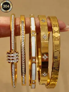 5 Pcs Elegant Stainless Steel Bracelets, Multi-Color Shiny Clover Design, Fashionable Unisex Jewelry, Ideal Gift, Durable & Non-Fading