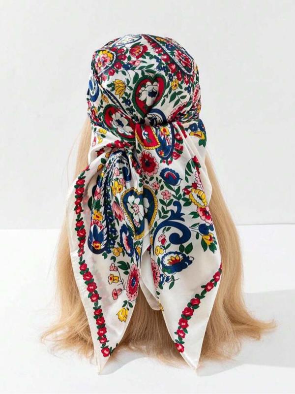 90*90 cm Floral Paisley Silk Scarf, Vintage Plain Design for Women, All-Season Fashion Shawl and Headband