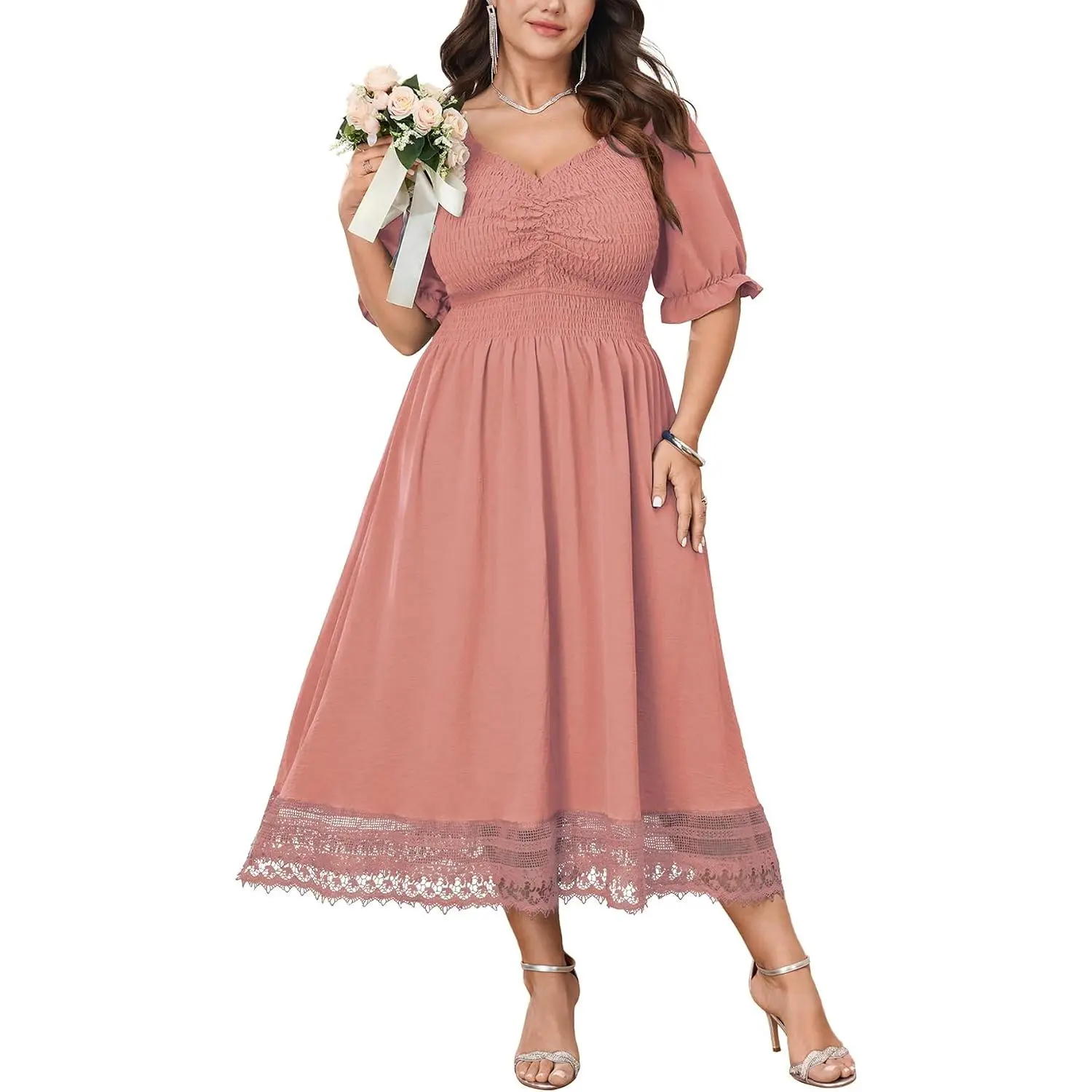 Women's Plus Size Smocked Milkmaid Long Dress - Curvy Fit, Puff Sleeves, Lace Trim, Flattering Fit, Smocked Detail, Wedding Guest Summer Dress, Hand Wash Compatible