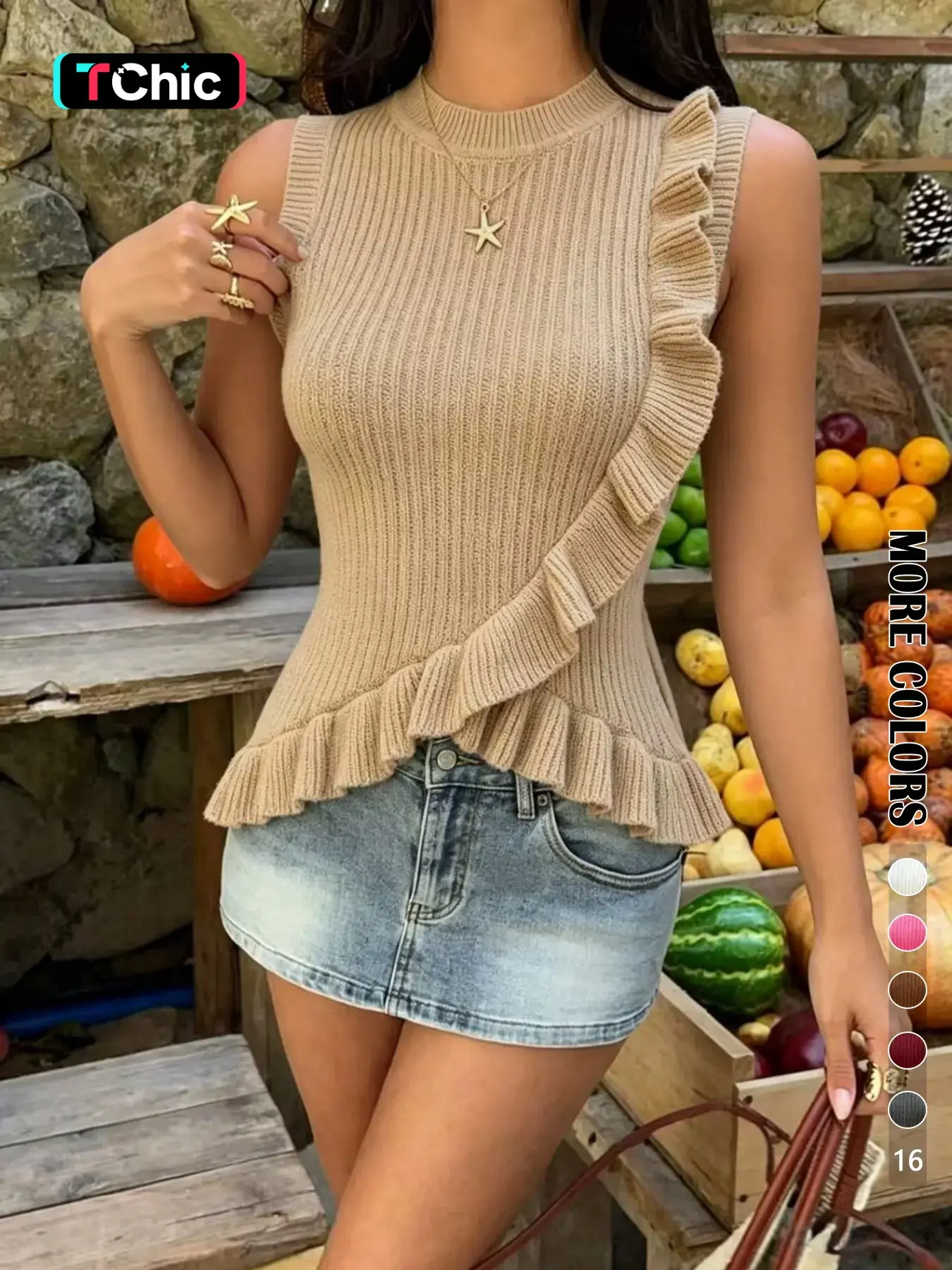 Autumn Leaf Edge Pleated Design Plain Sleeveless Tank Top, Elegant Casual Fit Knit Vest for Women, Slimming and Stylish Upper Garment