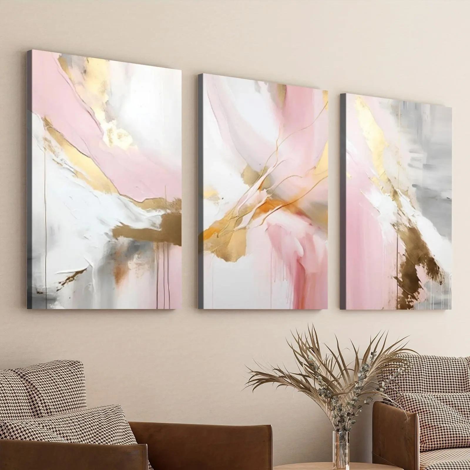 3-piece canvas print wall art set, pink and gold wall set, abstract pink wall, blue and pink wall, pink wall, modern wall, vibrant home wall decoration