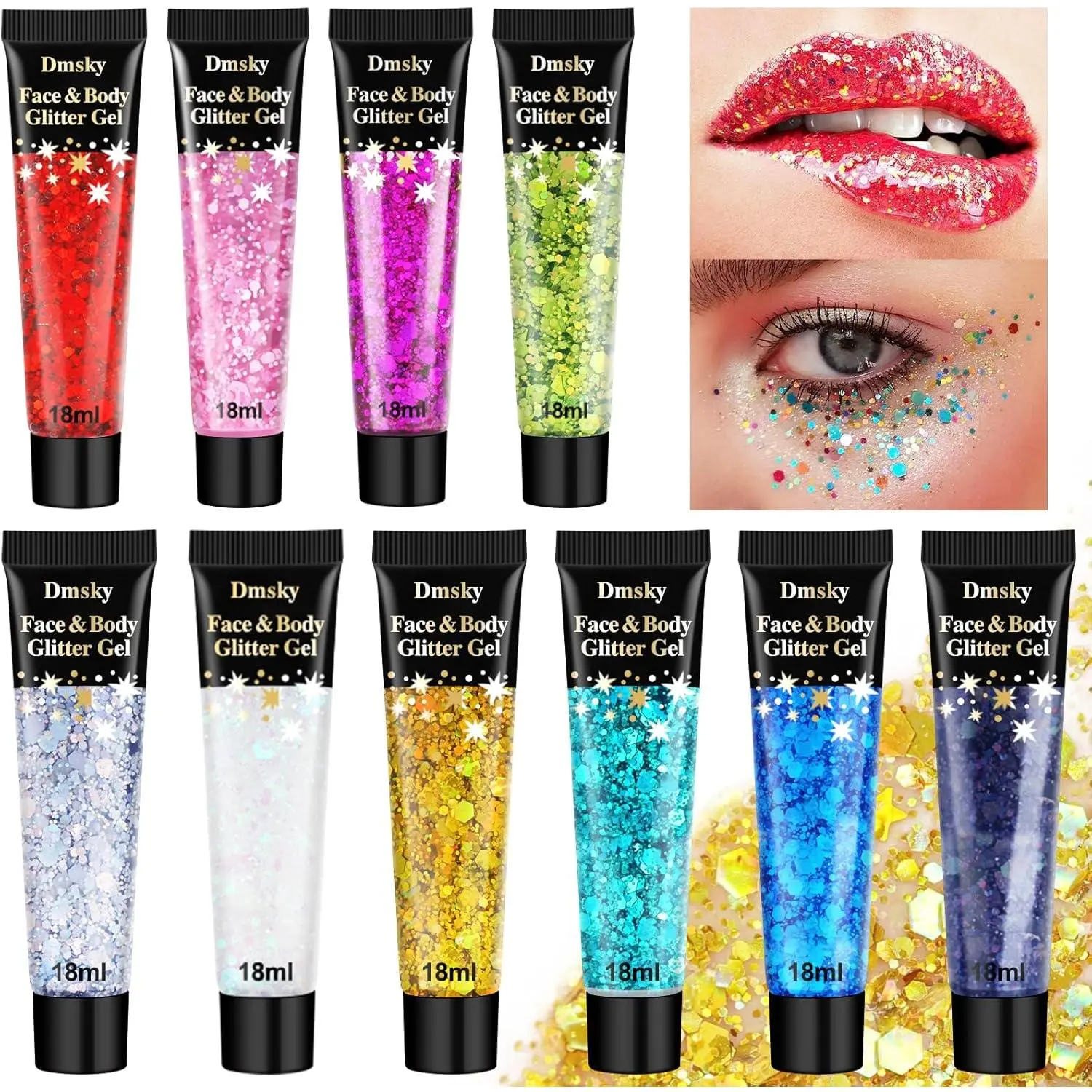 10 Colors Sparkly Chunky Body Face Glitter Makeup for Kids Women, Suitable for Eye Lip Hair Nails, Mardi Gras Disco Rave Concert Festival Accessories