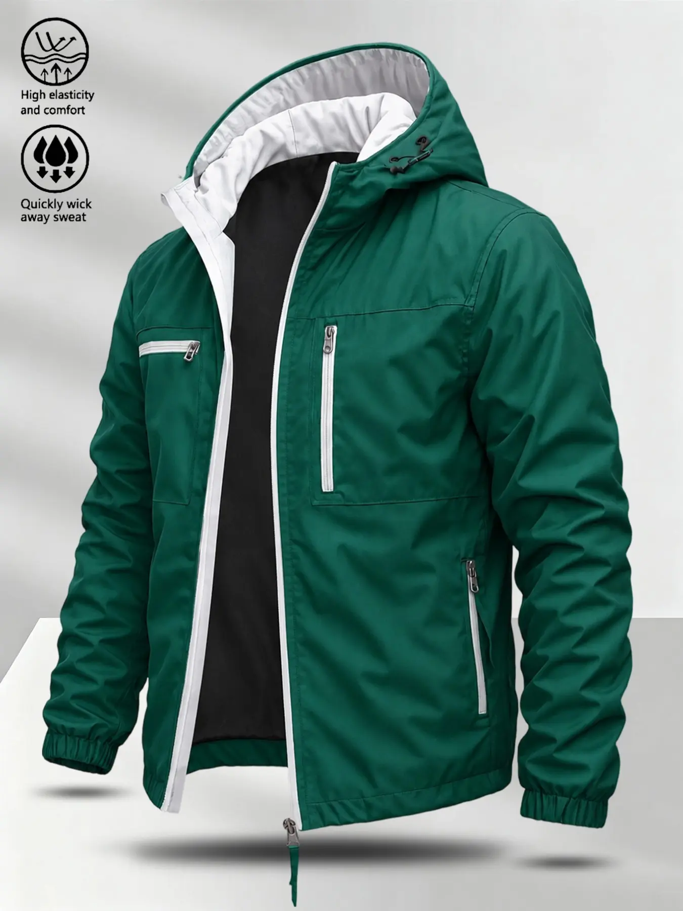 Men's Windproof Waterproof Jacket, Multi-Pocket Design, Breathable Outdoor Hiking Coat, Foldable Hat, Lightweight & Durable, All-Weather Wear, Sports Hooded Jacket, Athletic Jacket