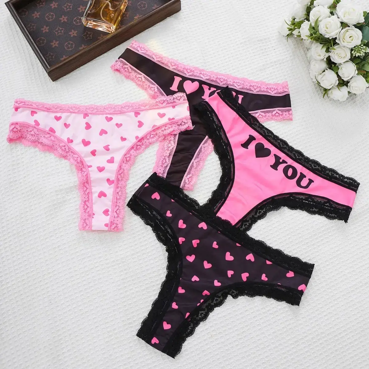 3/4 Pack Matching Thong Panties for Women, Cute Low Rise Lingerie with "I Love You" Heart Print, Soft Fabric and Lace Trim, Casual, Fit, Everyday, Feminine, Stretchy, Comfortable